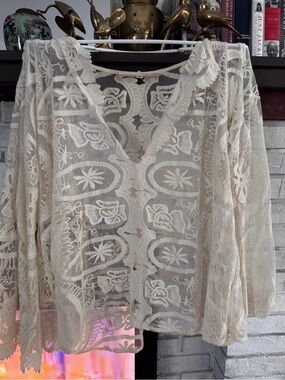JENS PIRATE BOOTY Lace Cover top sheer, bell sleeves medium ULTRA RARE FIND